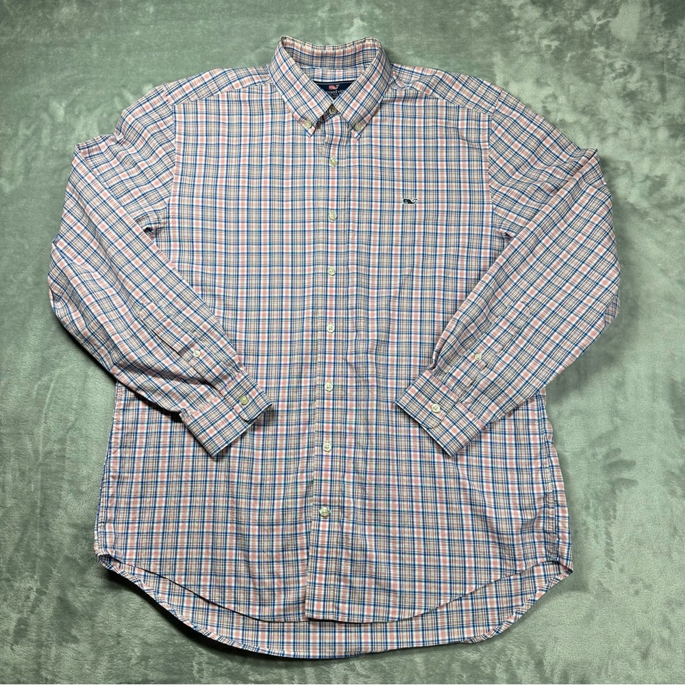 Vineyard Vines Slim Fit Whale Shirt Plaid Button Down Pink Blue Large